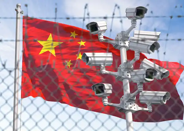 Security Cameras In Front of Chinese Flag