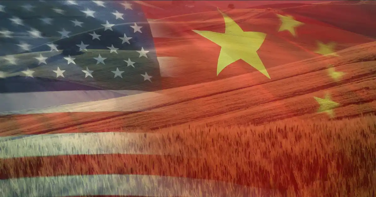 Chinese Flag and American Flag Overlayed on Farmland